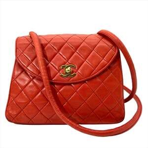 CHANEL Red Lambskin Leather Logo Shoulder Bag